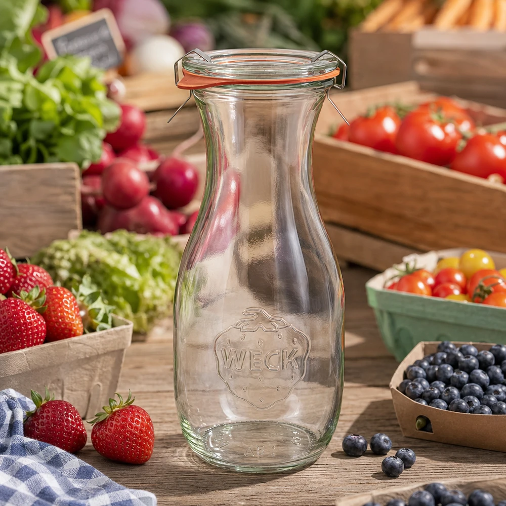 WECK sapfles 530ml RR60 leeg met draaidop tussen vers fruit en groenten op een houten tafel