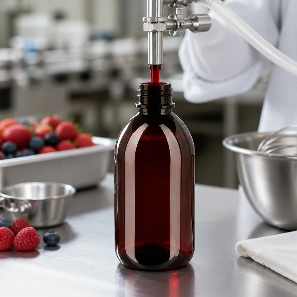 Lebensmittelechte 250ml PET Flasche dunkelbraun mit OV-Sicherheitsverschluss in Produktionsanlage