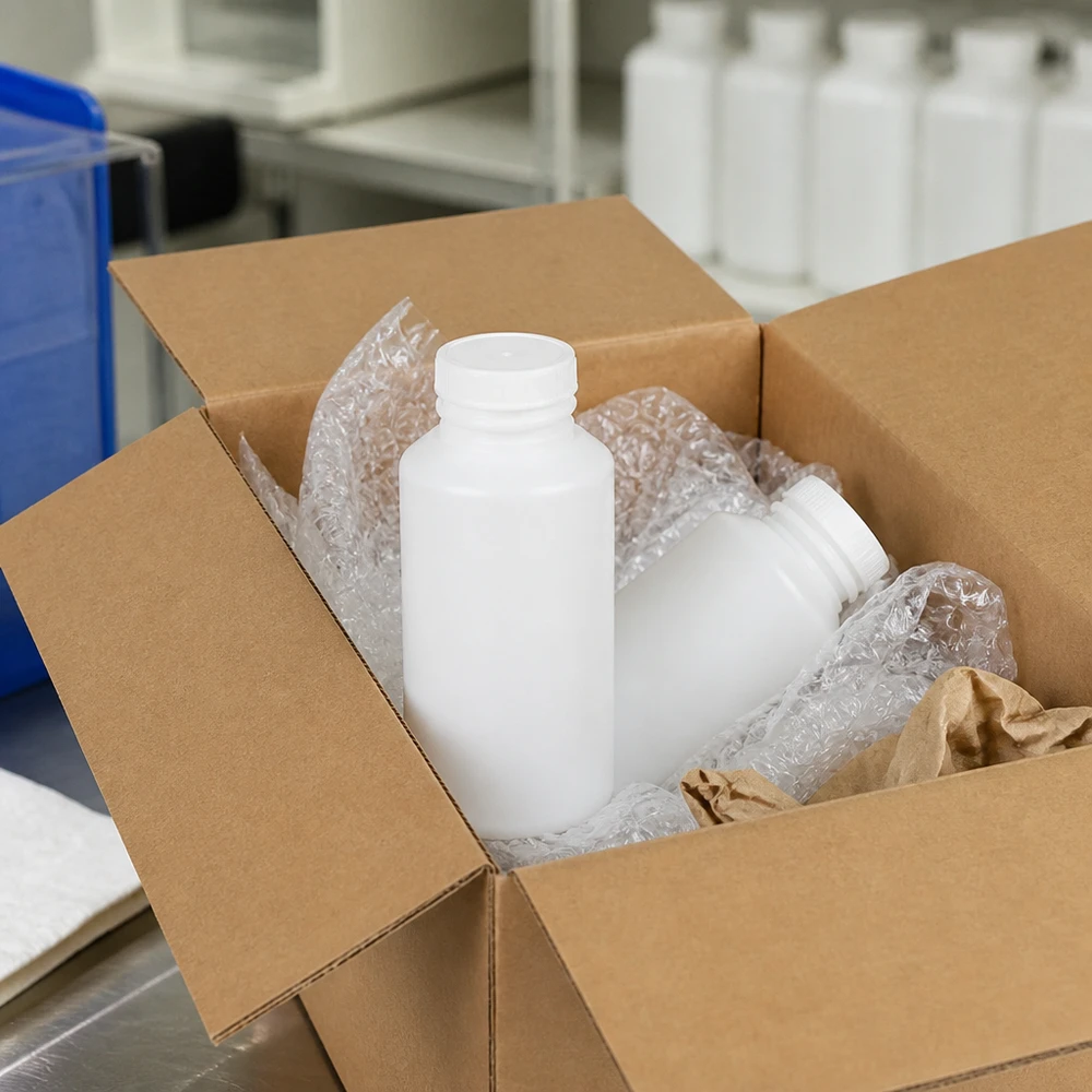 Stevige witte HDPE-flesjes van 30 ml voor apotheken, zonder dop, in een veilige verzendverpakking