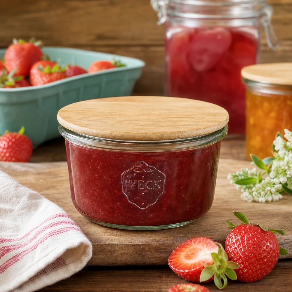 165ml stortglas WECK RR80 met hout deksel WECK RR80 inmaakpot met aardbeienjam en bamboe deksel in een rustieke keukenscène met vers fruit