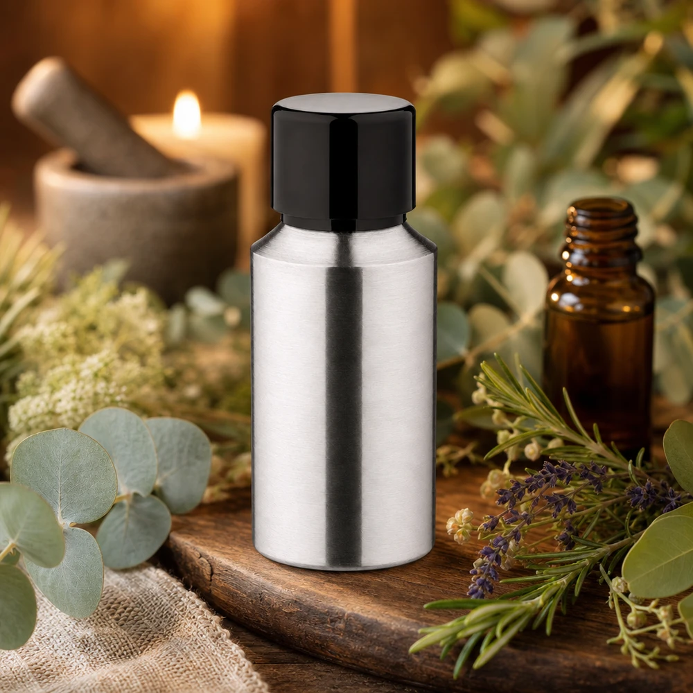 30 ml aluminium fles geslepen incl. schroefdop zwart met conusafdichting Compact aluminium flesje van 30 ml met glanzende afwerking voor professionele schoonheidsproducten