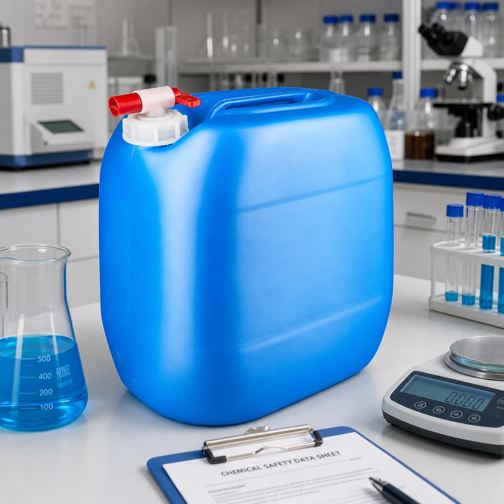 Canister 30 liter blauw met aftapkraan Blauwe jerrycan van 30 liter voor chemicaliën, met veiligheidskraan en veiligheidsinformatieblad