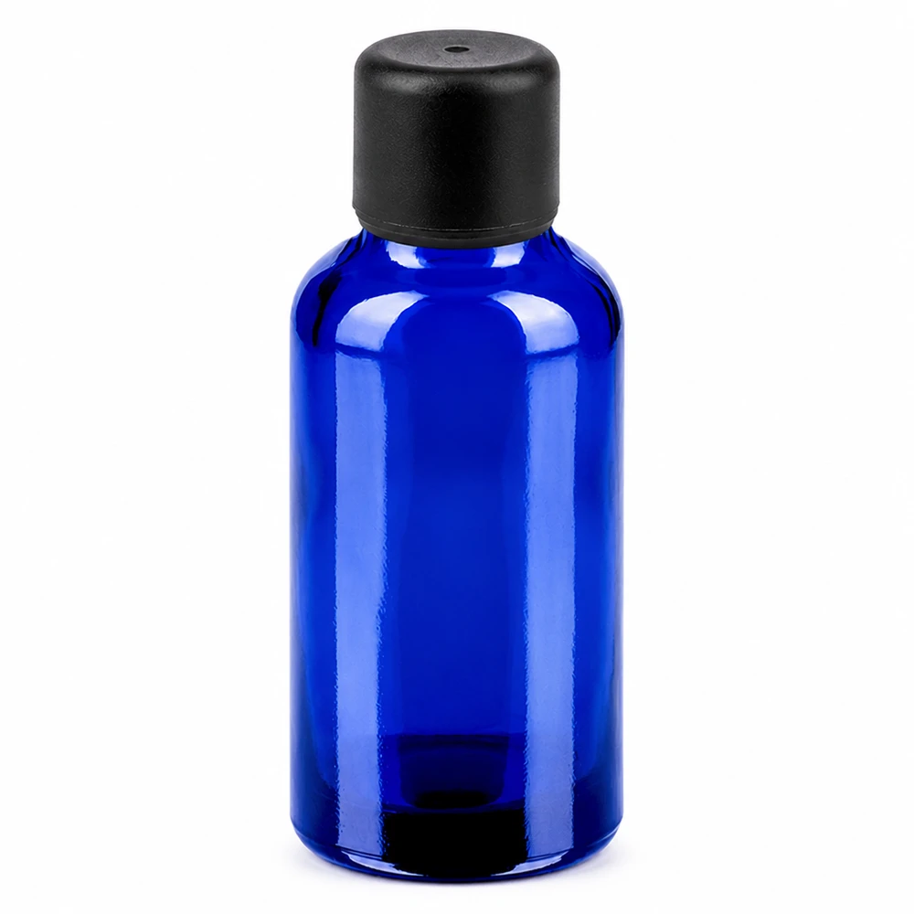 Blauw glazen flesje 30ml van hoge kwaliteit met stevige zwarte dop
