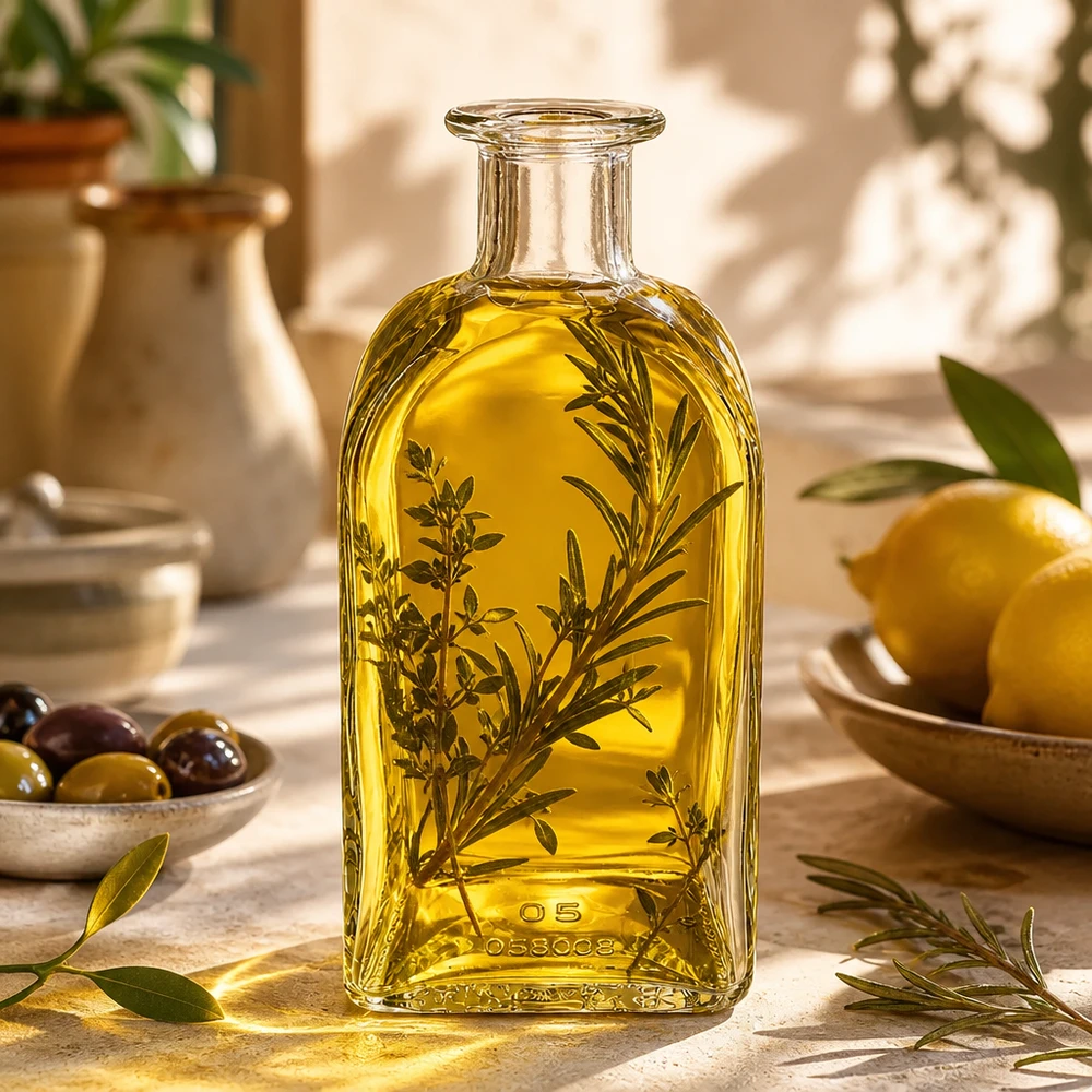 500ml glazen fles Julia gevuld met olijfolie en kruiden Mediterrane keuken met olijven en citroenen