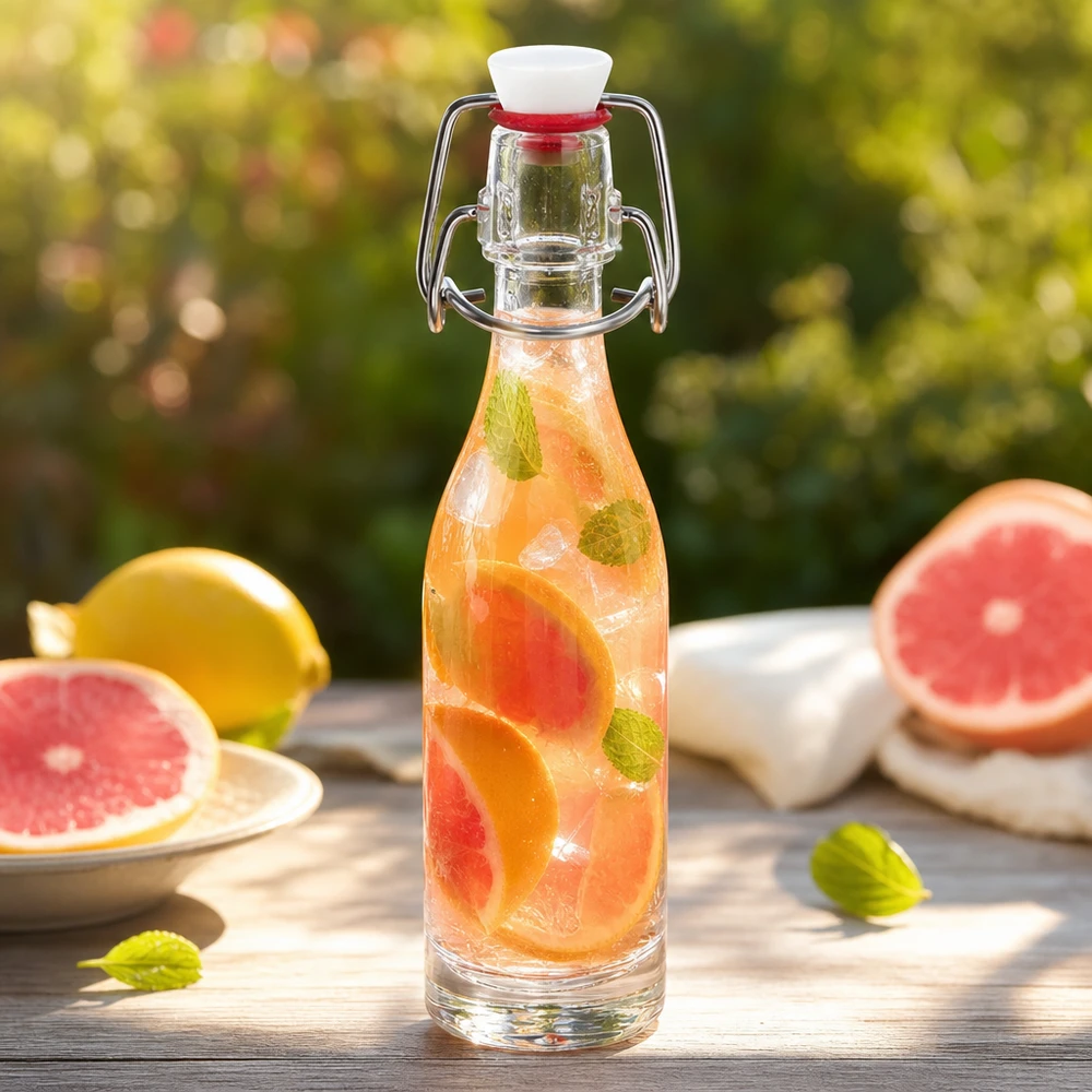 Glazen flesje van 50 ml met PVC draaidop gevuld met grapefruit-muntwater in een zomerse tuinsfeer