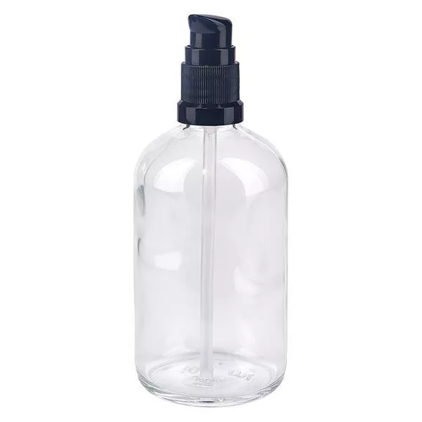 Helder glazen flessen 100ml met zwart pompsluiting Helder glazen flessen 100ml met zwart pompsluiting