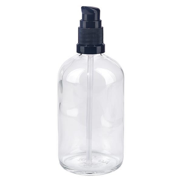 Helder glazen flessen 100ml met zwart pompsluiting Helder glazen flessen 100ml met zwart pompsluiting