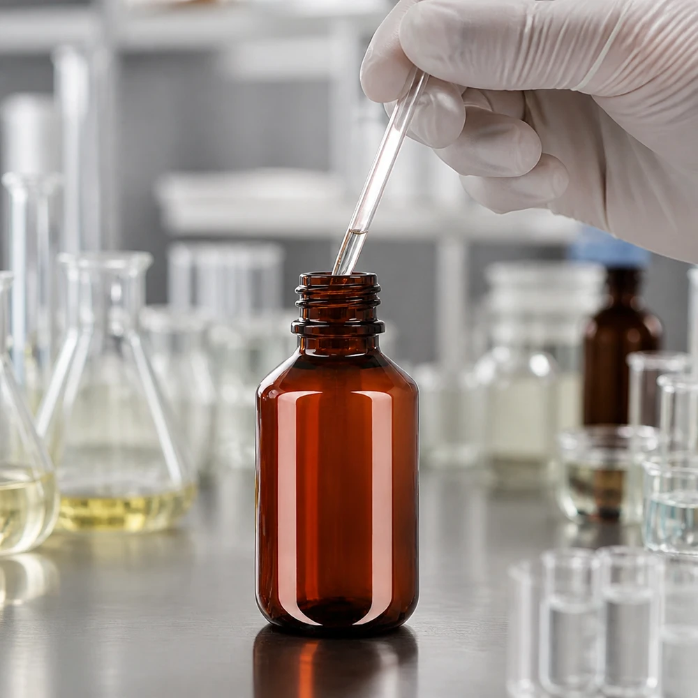 Bruine PET-fles van 100 ml met zwarte doseerpomp voor een hygiënische dosering van het product
