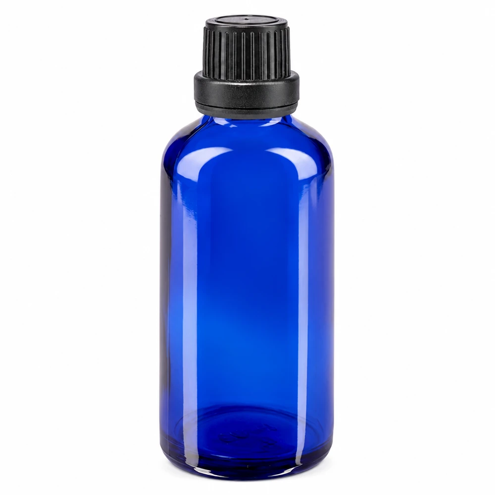 Blauwe glazen fles van 50 ml met een druppelaar van 2 mm en een zwarte OV-dop voor etherische oliën