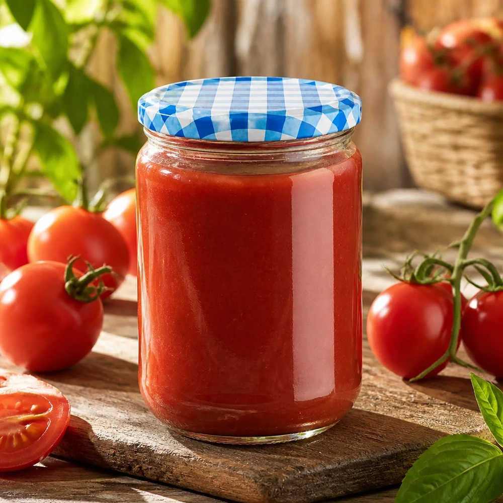Bewaarpot 555 ml UNiTWIST met tomatenpuree en een blauw-witte geruite deksel voor het bewaren van voorraden