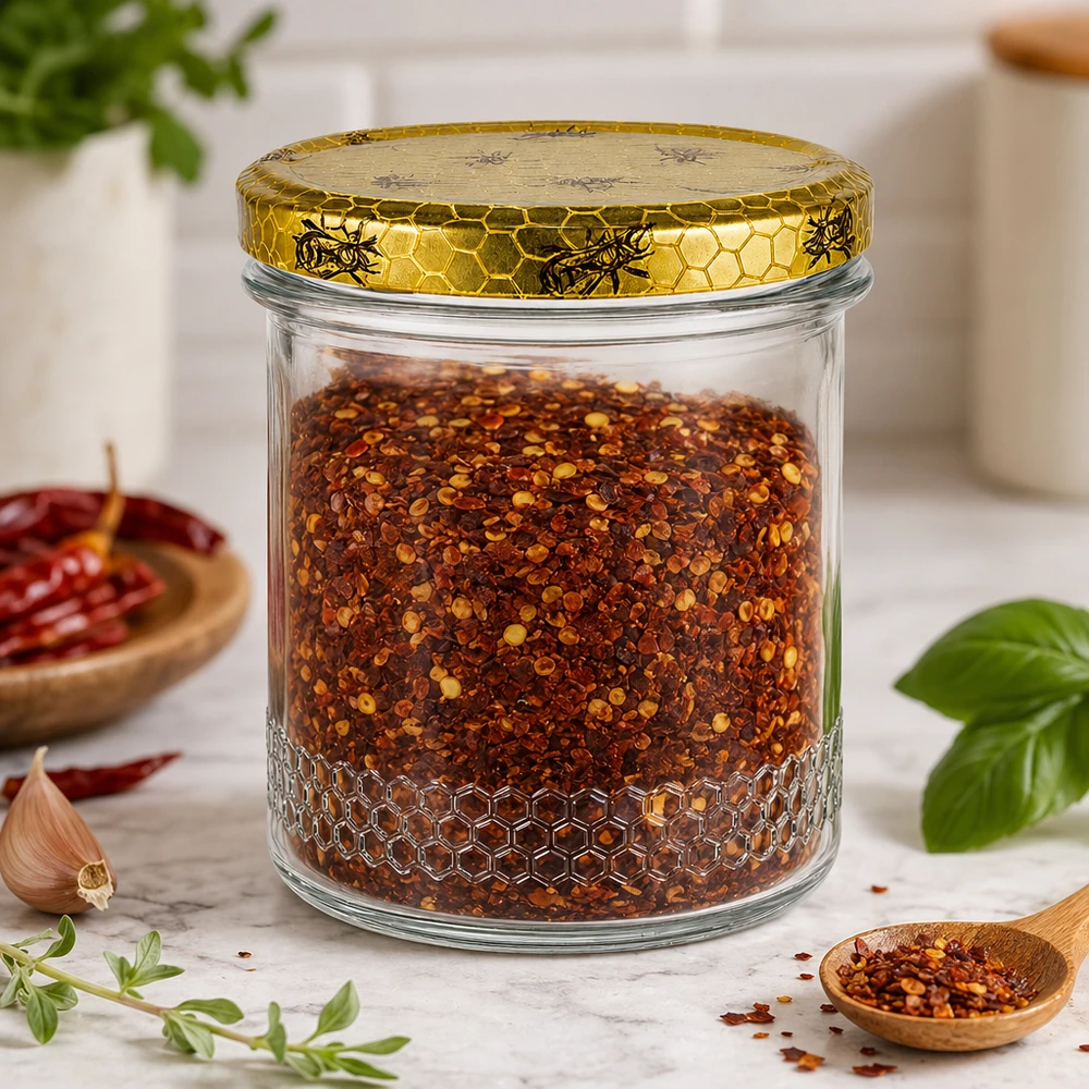 Honingpot 560 g met honingraatmotief-deksel BasicSeal UNiTWIST 400 ml honingpot gevuld met chilikruidenmix, honingraatdeksel, keukenscène met kruiden en houten lepel