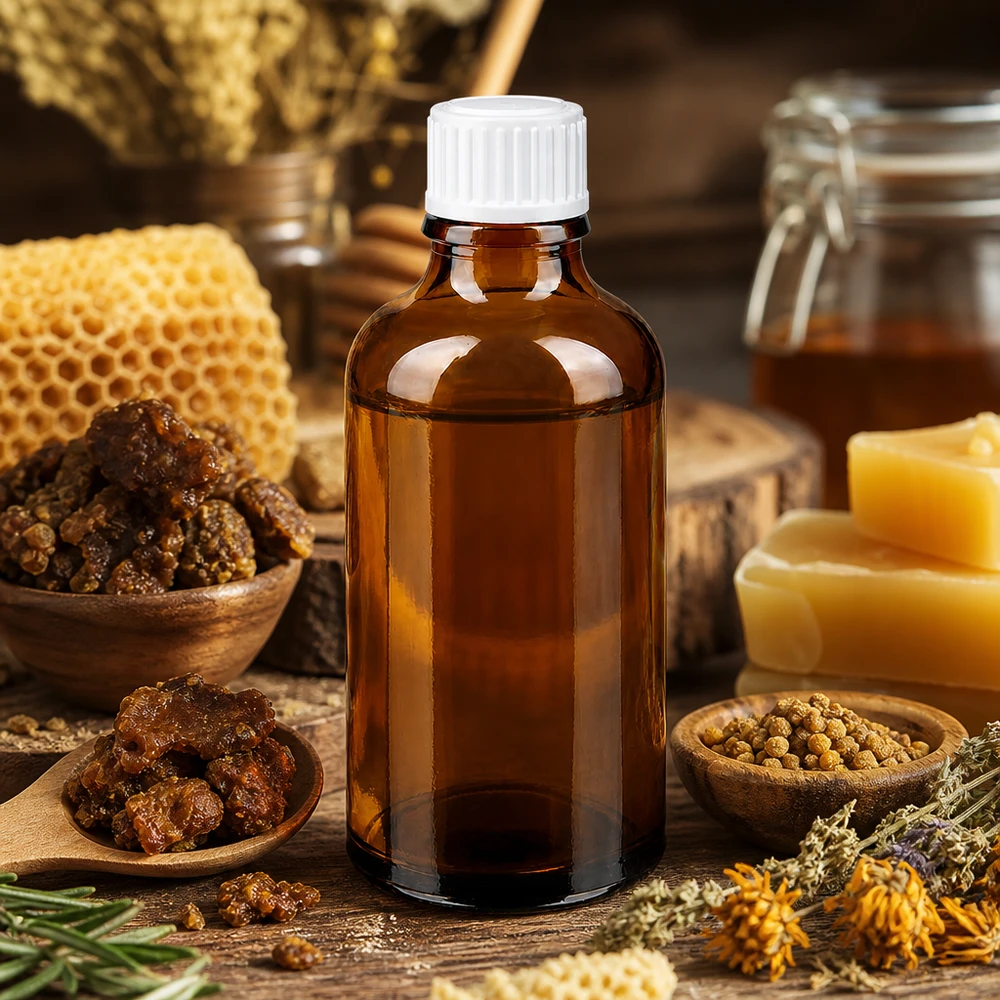 Lichtbestendige fles van bruin glas, 50 ml, ideaal voor propolis-extracten en bijenproducten