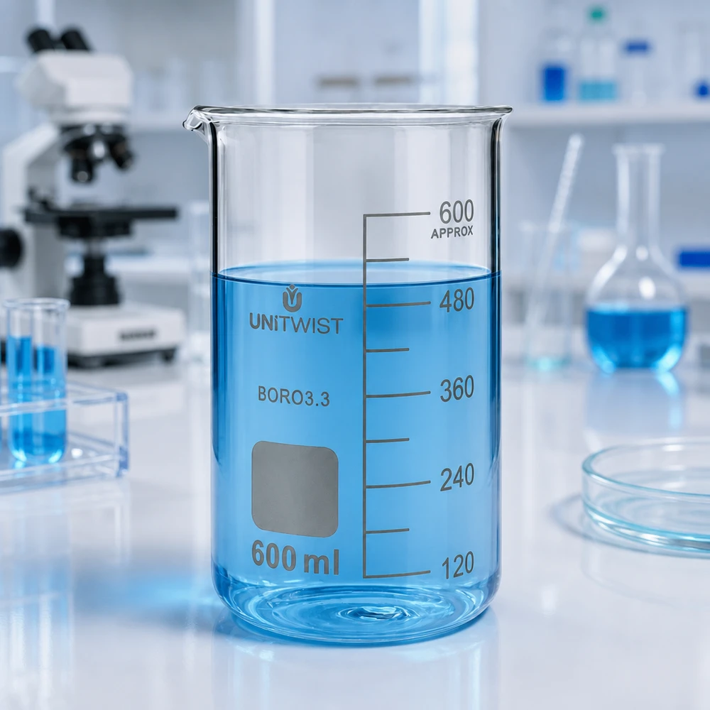 Laboratoriumbeker van 600 ml, hoog model met schaalverdeling van 120 tot 600 ml, van borosilicaatglas