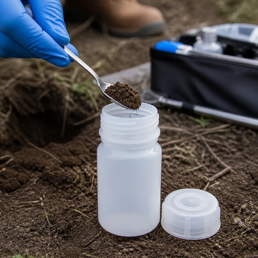 Milieuanalyse: bemonstering van grond in een HDPE-fles met brede hals van 50 ml met metalen spatel