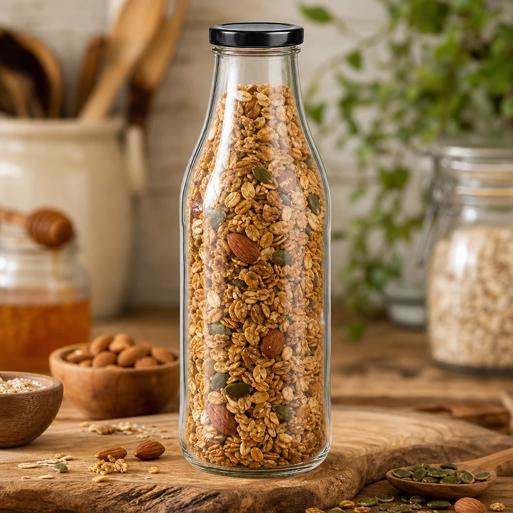 1000ml glazen fles met zwart deksel gevuld met muesli en notenmix om voedsel in te bewaren