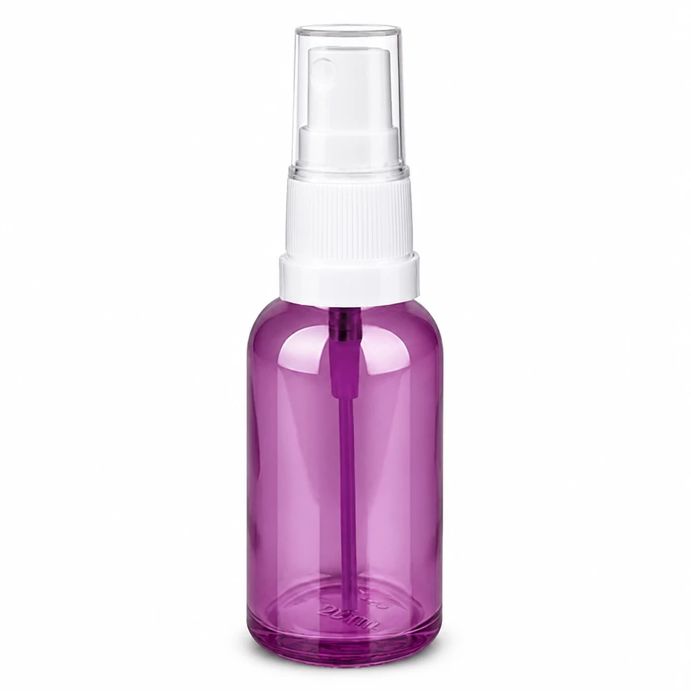 Paarse spuitfles 30ml met transparant lichaam en wit spuitmechanisme