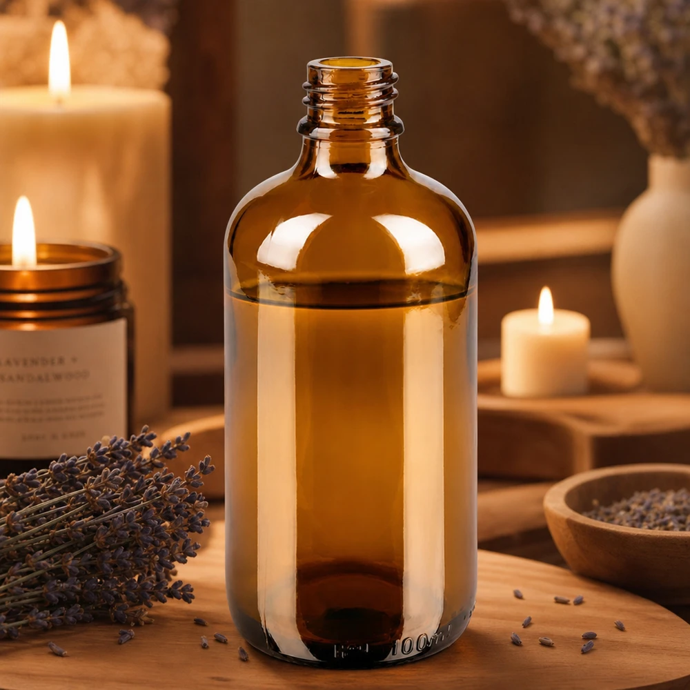 Bruine apothekersfles van 100 ml ApoGlas met lavendelaroma en kaarsen in een warme sfeer op hout