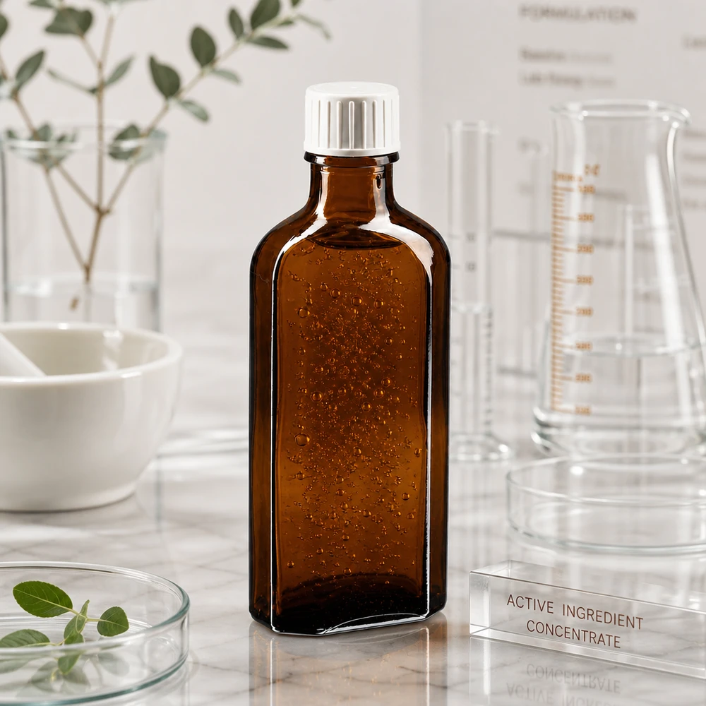 100 ml bruine meplatfles met DIN 22 monding, inclusief schroefsluiting DIN 22 wit met gietring Rechthoekige glazen fles met UV-bescherming van 100 ml en een witte schroefdop, naast laboratoriumapparatuur