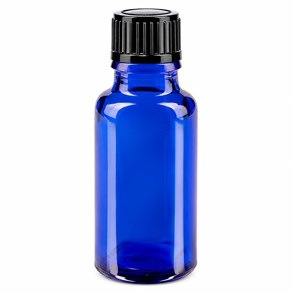 Blauwe glazen flessen 20ml met zwart druppelsluiting 1mm St Blauw farmaceutisch glazen flesje van 20 ml met een nauwkeurig druppelinzetstuk van 1 mm en een zwarte dop