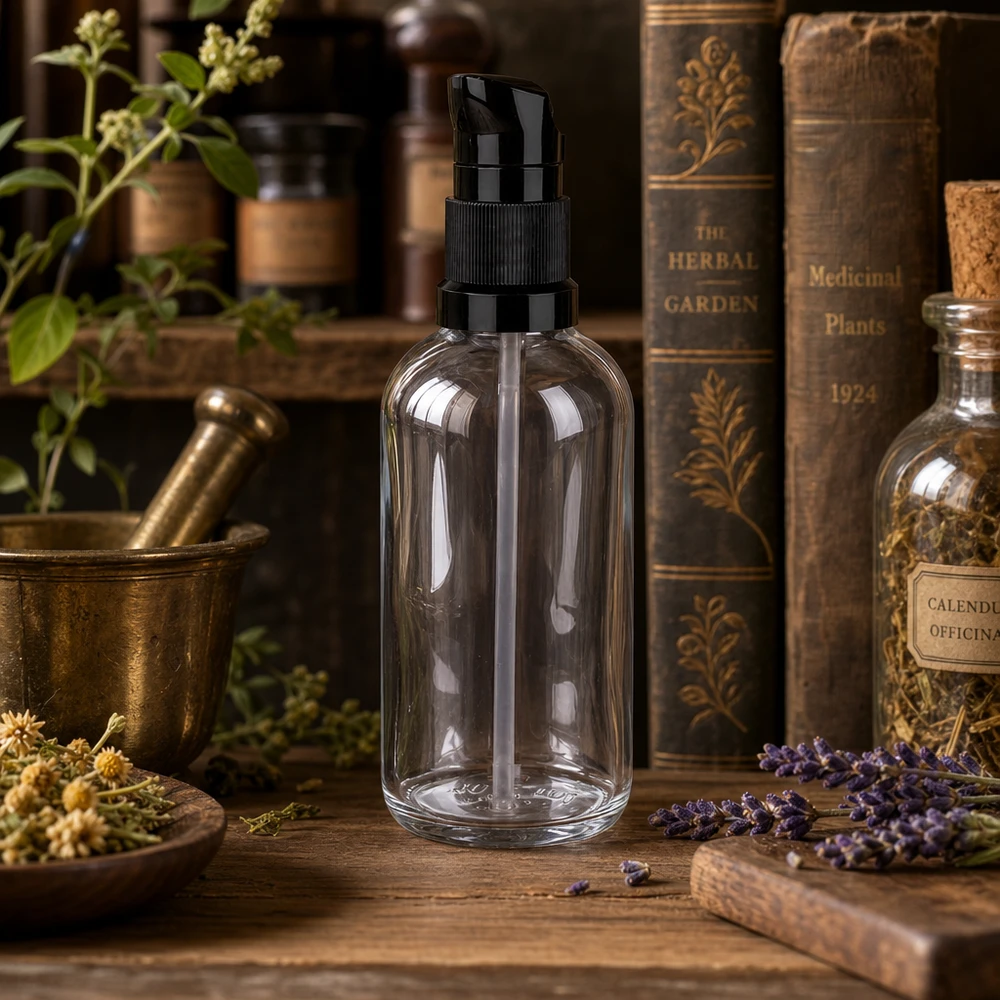 100 ml pompfles ClearLine UT18, leeg, transparant, met zwarte doseerpomp, apothekersfles, glas