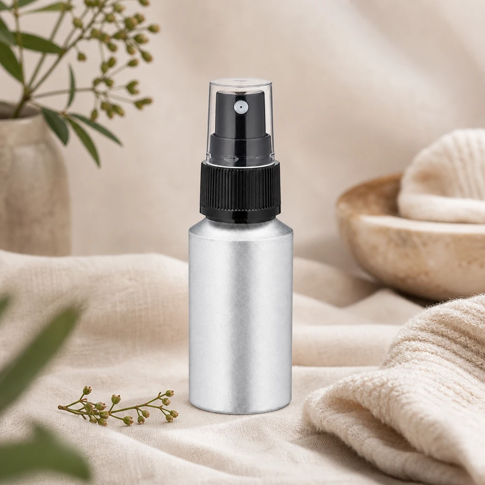 30 ml aluminium fles gebeitst incl. pompverstuiver zwart Handig 30ml flesje van gekleurd aluminium met fijne verstuiver voor schoonheidsroutines en huidverzorging