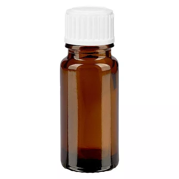 Bruine glazen fles 10ml met wit schroefsluiting globuli uitgietring St Bruine glazen fles 10ml met wit schroefsluiting globuli uitgietring St