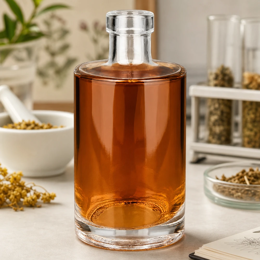 350ml glazen fles Marie met amberkleurige inhoud op aanrecht tussen specerijen en kruiden Afbeelding 5 van 10