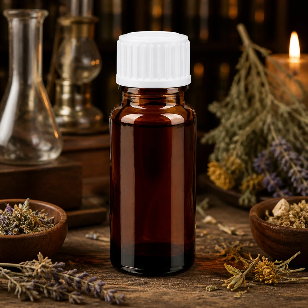 Bruine glazen fles 10ml met wit druppelsluiting 0.8mm St Apothekersflesje van 10 ml, bruin glas met witte dop, omringd door lavendel en geneeskrachtige kruiden