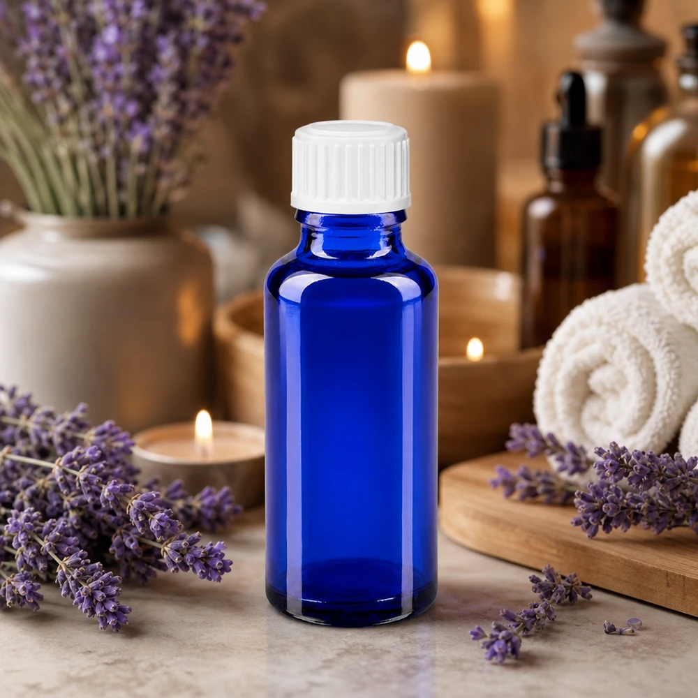 Blauwe glazen flessen 30ml met wit schroefsluiting St Kleine blauwe apothekersfles van 30 ml met een witte dop, naast kaarsen