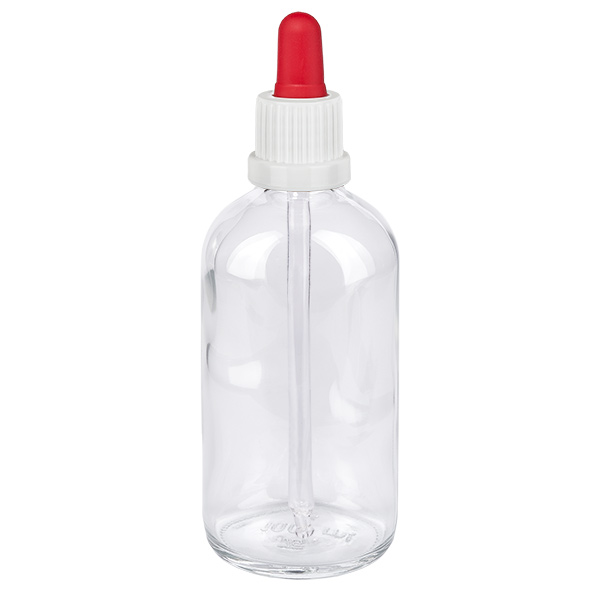 100ml pipetfles wit/rood OV ClearLine UT18/100 Pipetflesje van 100 ml van helder glas met een witte schroefdop en een rode pipetbal