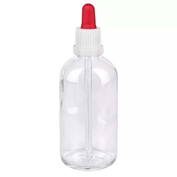 Pipetflesje van 100 ml van helder glas met een witte schroefdop en een rode pipetbal
