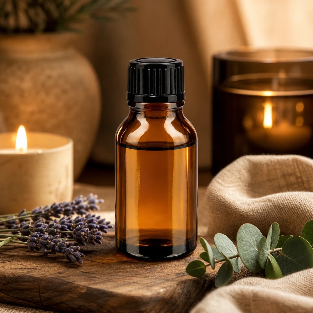 Flesje etherische oliën van 15 ml, van bruin glas, met precisiedruppelaar in een ontspannende wellnessomgeving