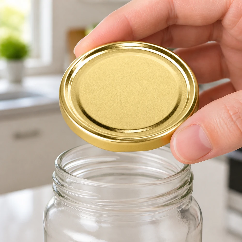 100 mm BasicSeal-deksel goud (TO100) UNiTWIST De gouden BasicSeal-metalen deksel TO100 wordt met de hand op de doorzichtige glazen voorraadpot van 100 mm geplaatst