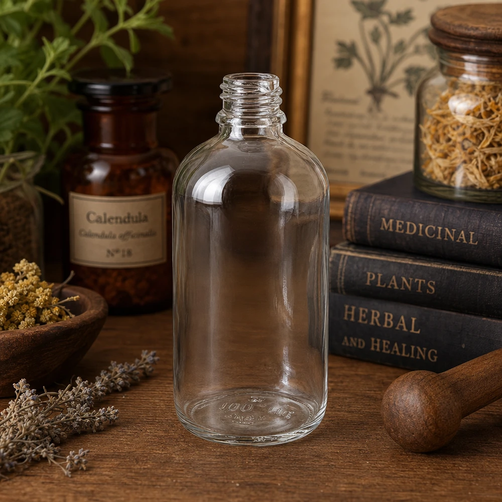 Doorzichtige glazen fles van 100 ml van het merk ClearLine op een houten tafel tussen gedroogde kruiden en boeken over geneeskrachtige planten