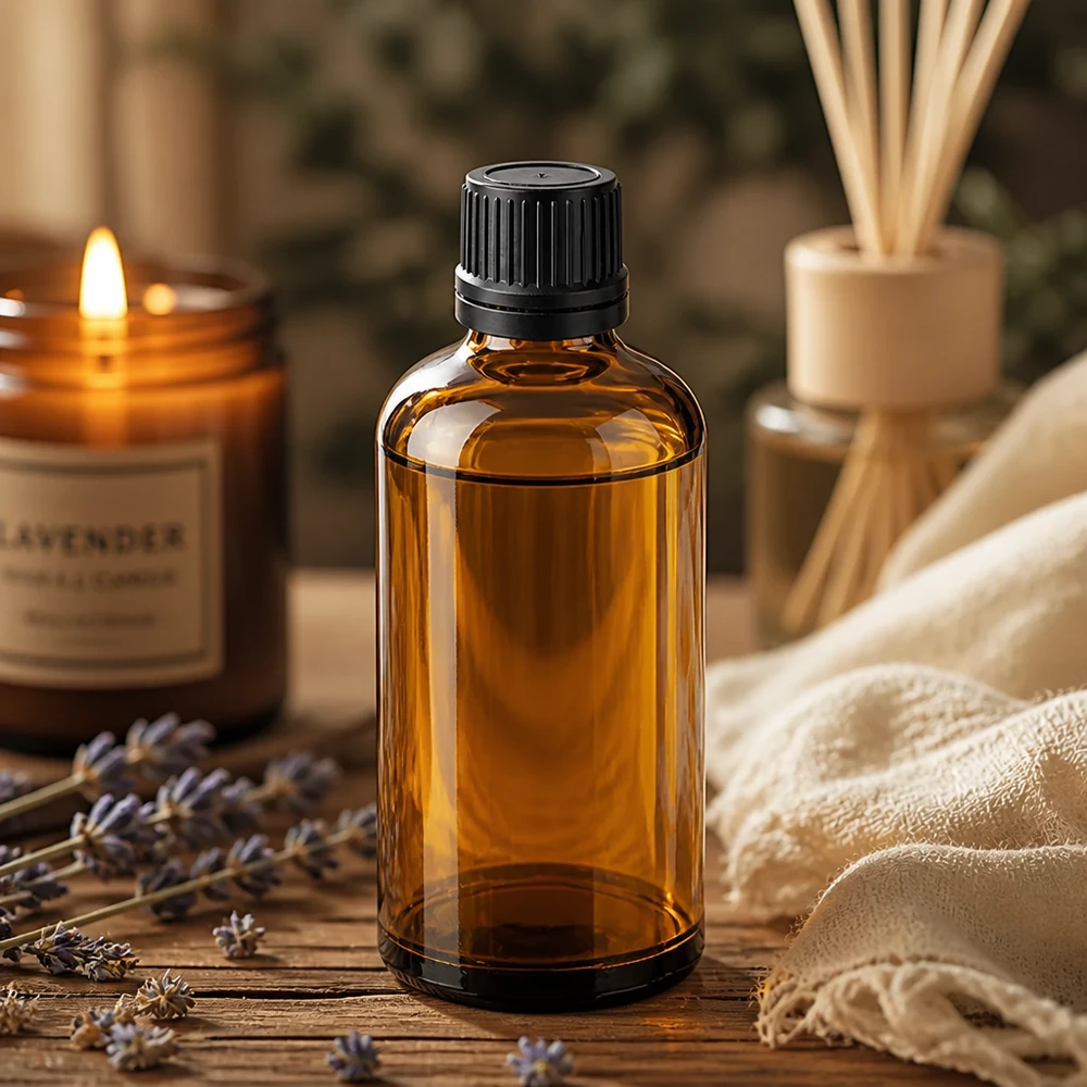 Elegante 100ml druppelflacon in warme bruine tinten, perfect voor wellness en spa-toepassingen