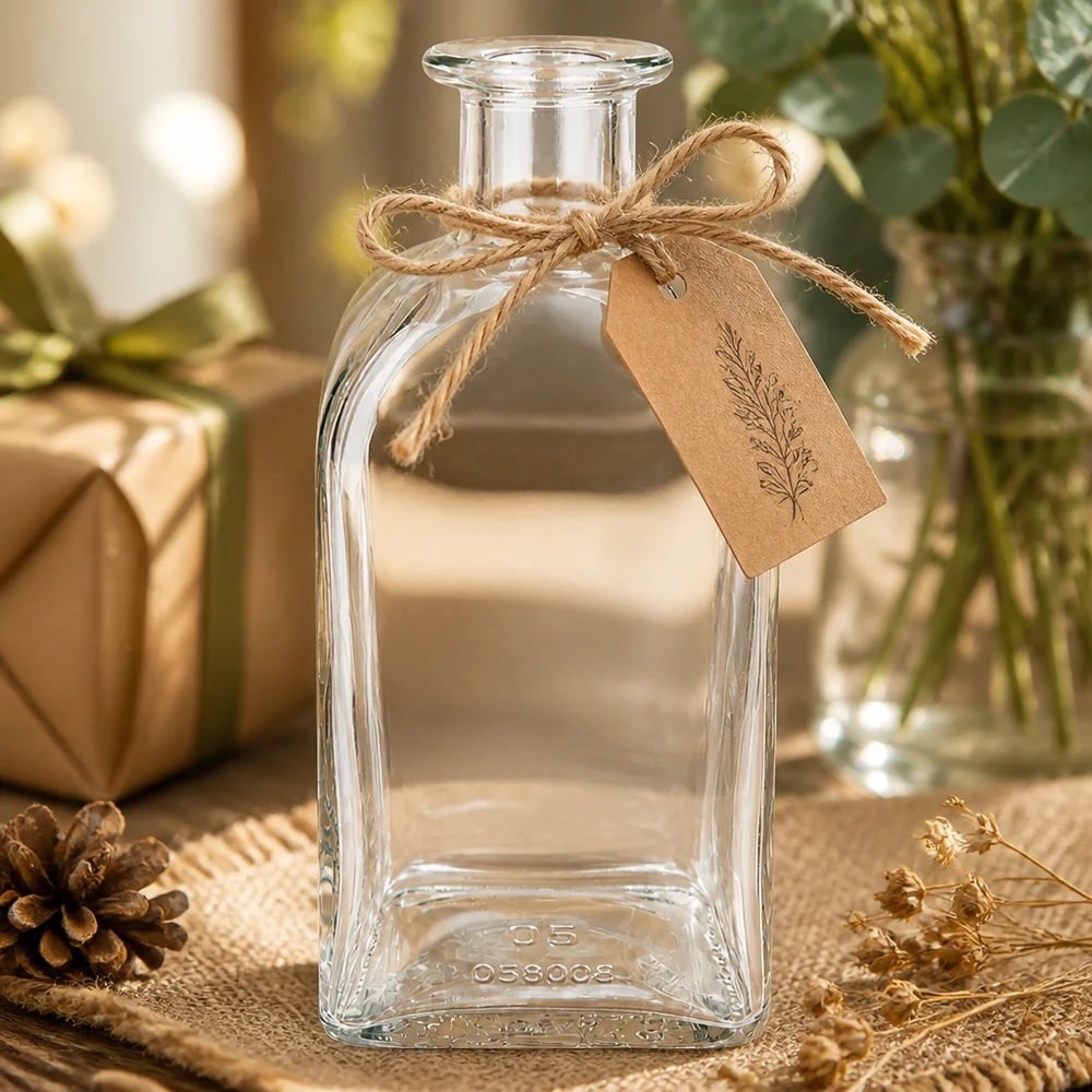 500ml Julia glazen fles met rustieke decoratie Hanger van kraftpapier en jute koord op een natuurlijke houten achtergrond