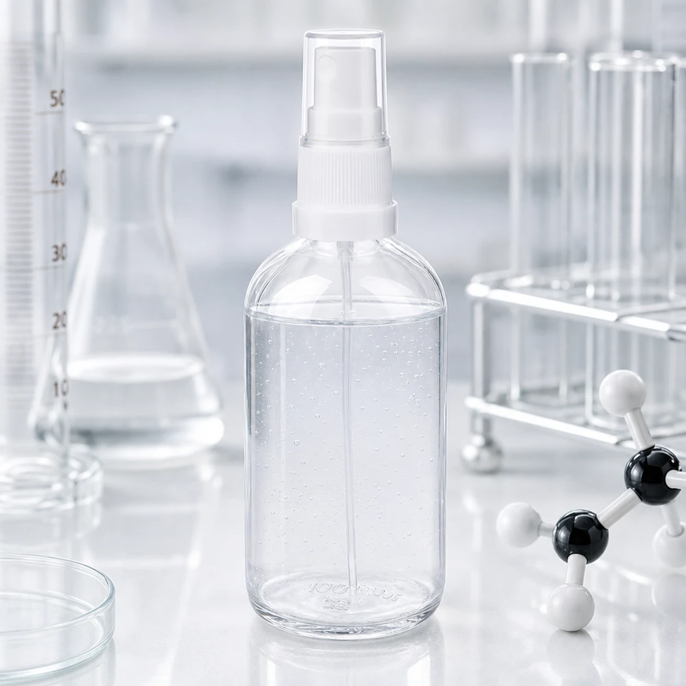 ClearLine UT18-spuitfles van 100 ml in een laboratorium met reageerbuisjes en een moleculair model