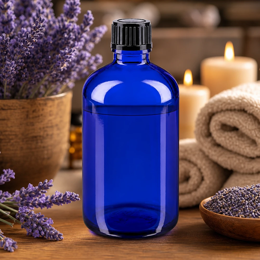 100 ml Apoflesje, blauw, met zwarte standaarddop van 11 mm, lichtbeschermd