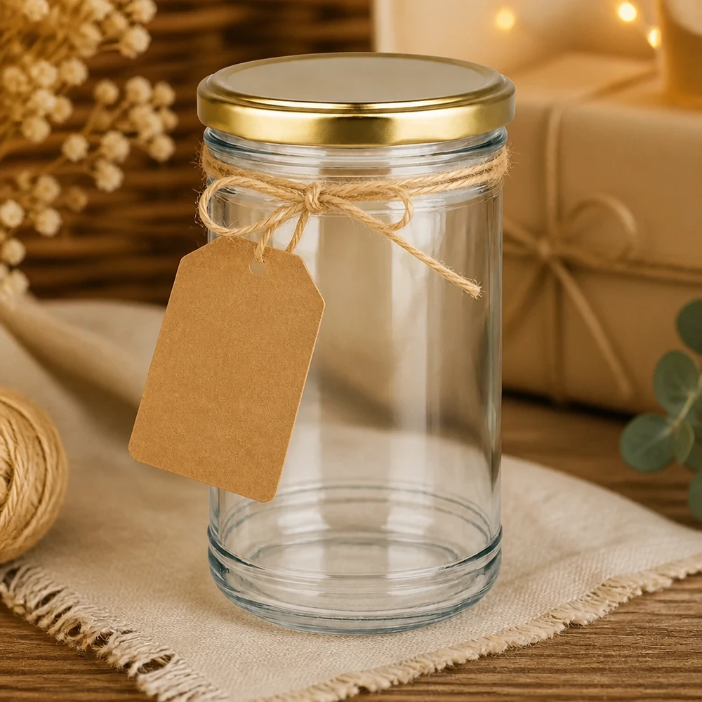 1053ml bekers gedecoreerd met een gouden BasicSeal deksel en kraftpapier label als doe-het-zelf cadeauverpakking
