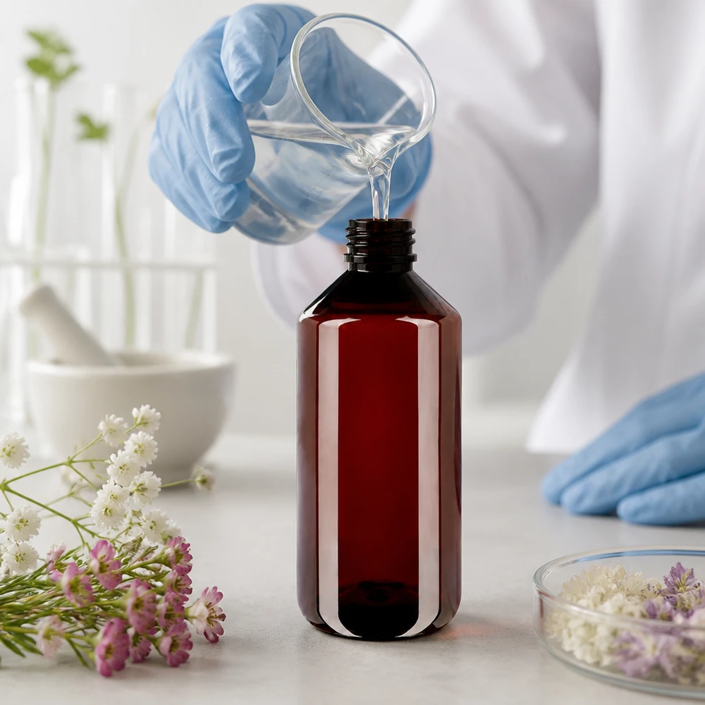 1000 ml PET medicijnfles met verstuiver zwart GCMI 28/410 incl. dop transparant, standaard UV-bestendige, amberkleurige PET-fles met een inhoud van één liter voor natuurextracten en tincturen