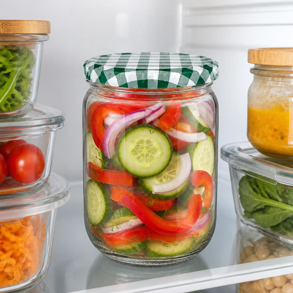 555 ml rond glas + BasicSeal-deksel groen/wit UNiTWIST Doorzichtig rond glazen pot van 555 ml van UNiTWIST met een groen-witte BasicSeal Twist-Off-deksel voor salades en groenten