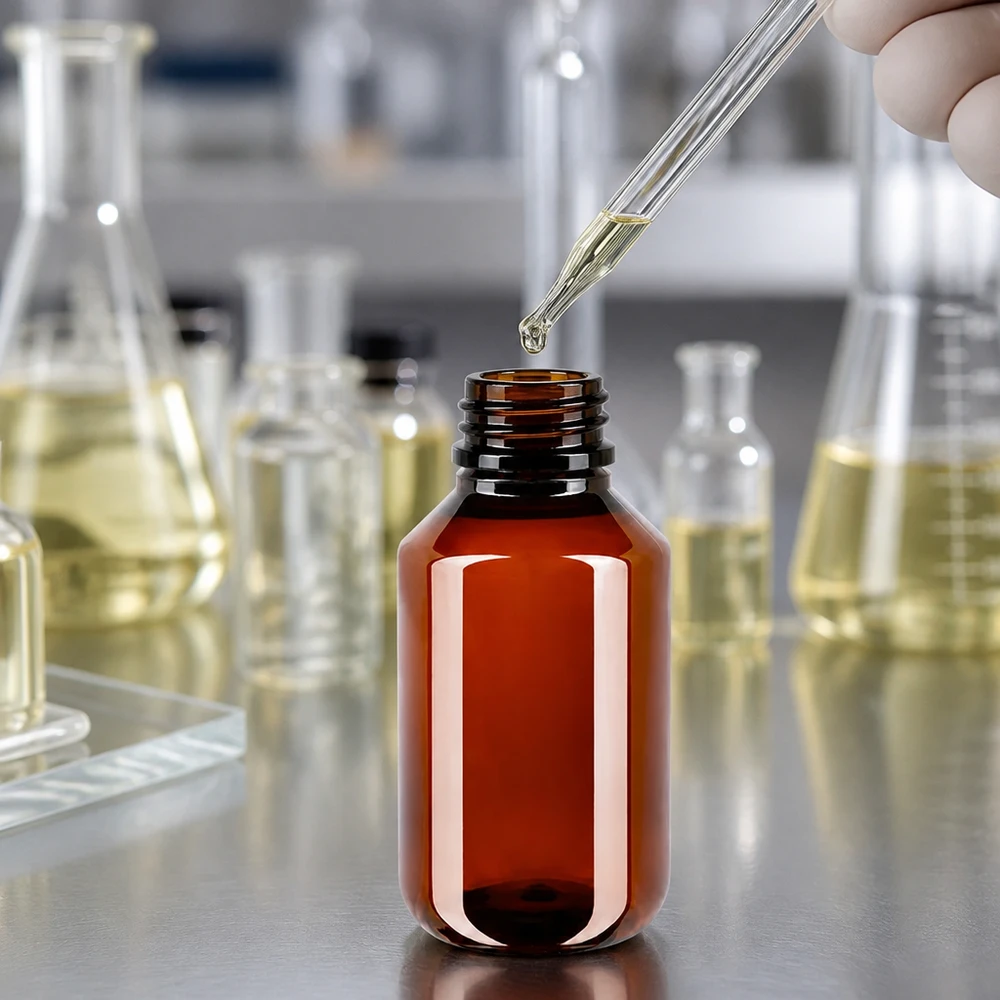 PET fles 100ml met ontgassingsdop rood Drukvereffening door middel van een ontluchtingsdop op een amberkleurige PET-fles van 100 ml