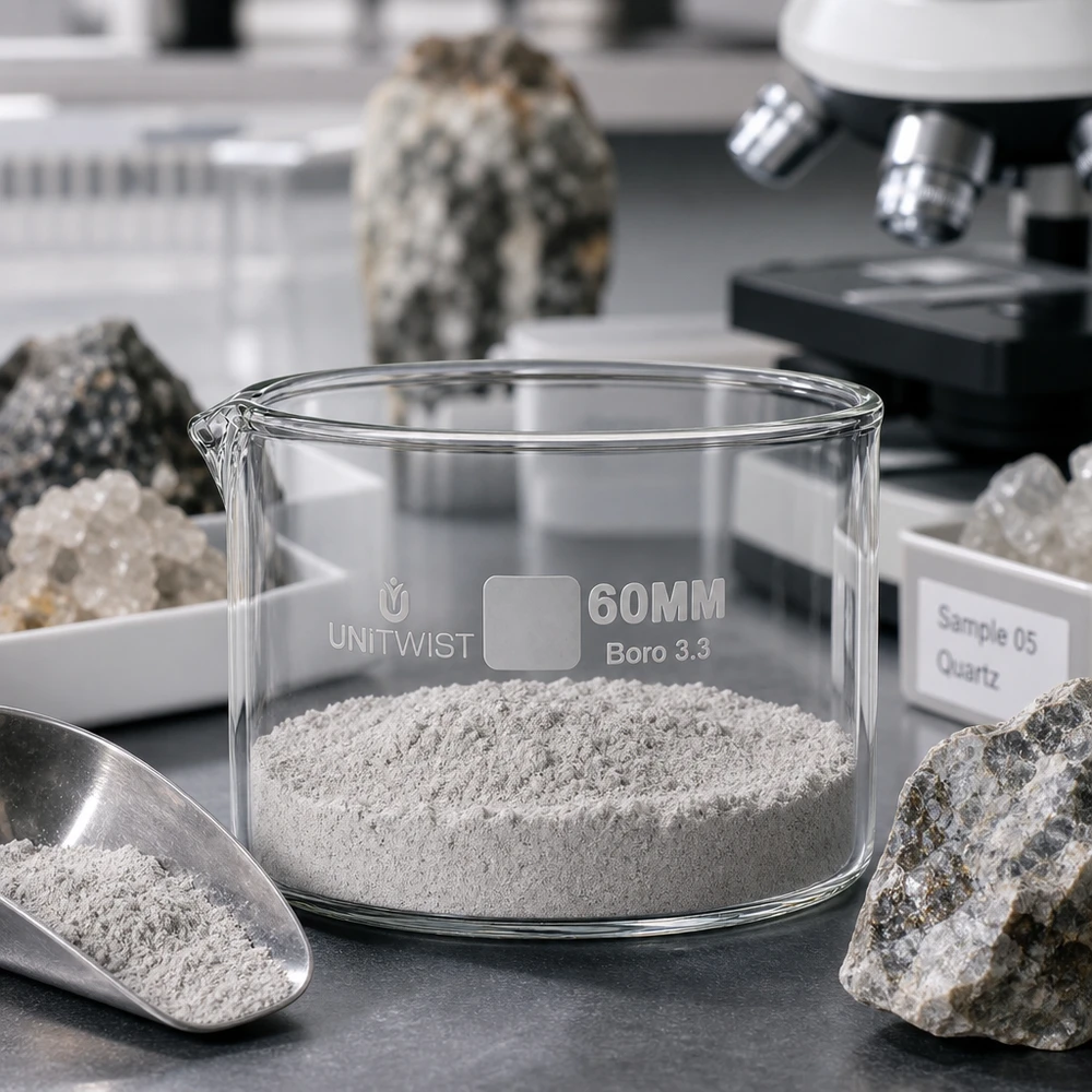 Vlakke laboratoriumschaal van borosilicaatglas, 60 mm, met steenpoeder bij geologisch monsteronderzoek