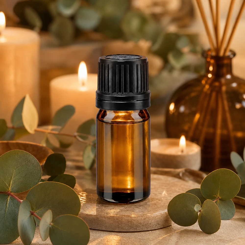 Bruin glazen flesje van 5 ml met een opening van 8 mm en een zwarte dop voor aromatherapie
