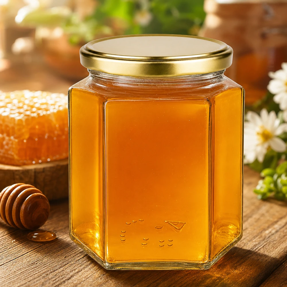 500g Honigglas BasicSeal mit goldenem Deckel gefüllt mit Honig neben Bienenwabe und Honiglöffel auf Holztisch