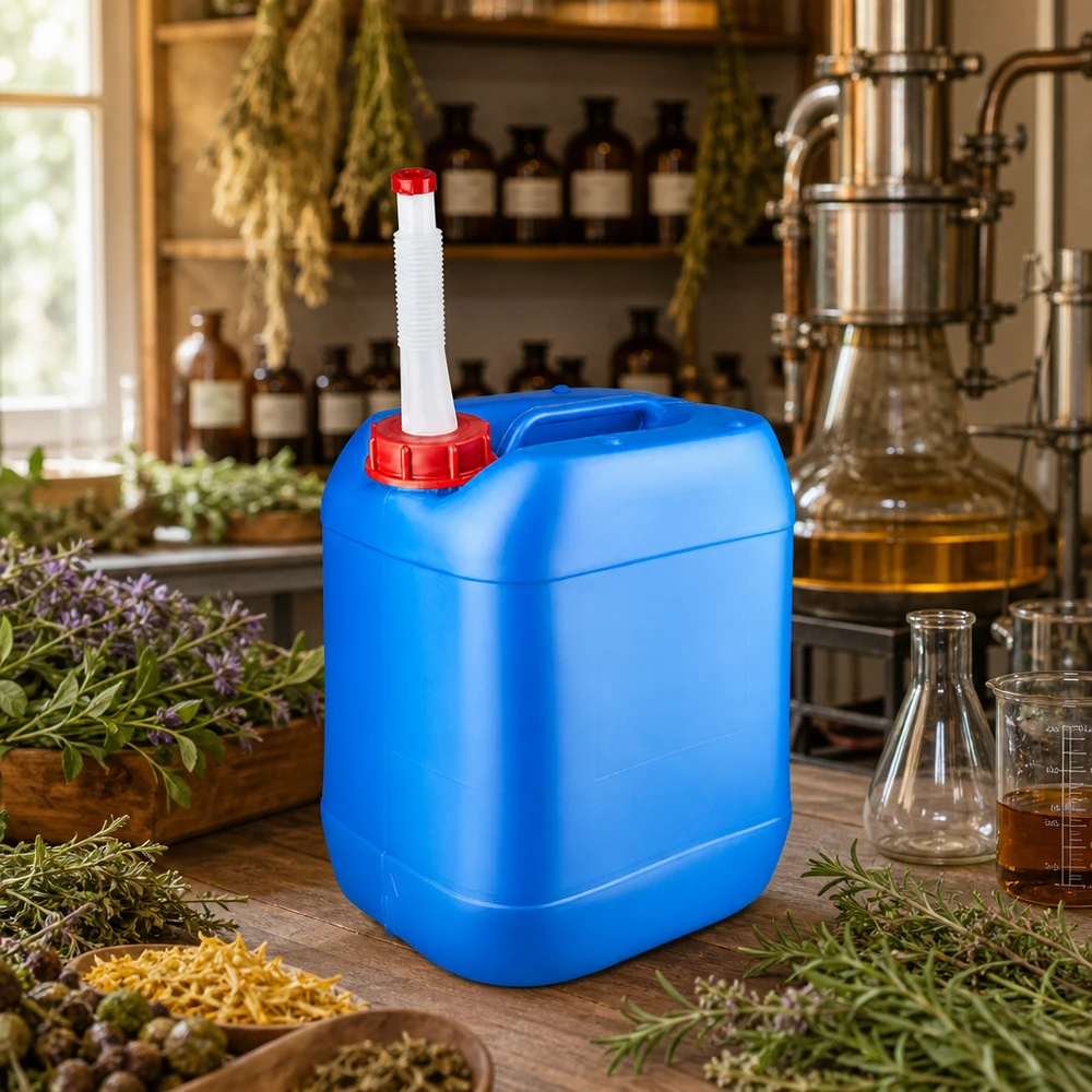 Blauwe voorraadkan van 20 liter met verzonken handgreep en verstelbare uitloop voor etherische oliën
