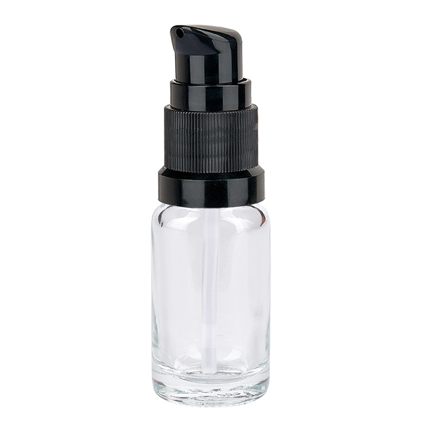10ml pompflacon zwart STD ClearLine UT18/10 Glazen flesje van 10 ml met zwarte pomp ClearLine UT18/10 voor cosmetica en serums