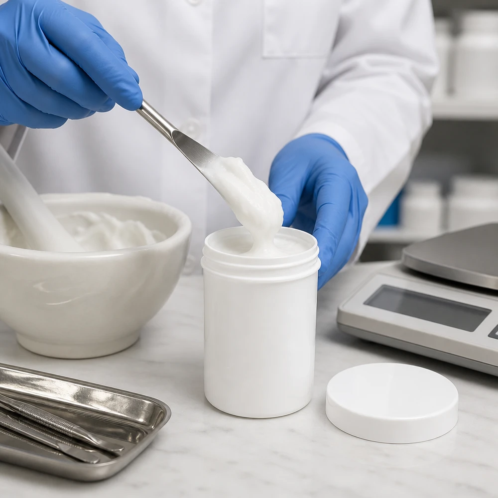 Zalfpot 200 g wit met schroefdeksel wit (PP) Cilindrische zalfpot met brede hals, 200 g, van wit PP met een goed sluitende schroefdop voor zalfformules