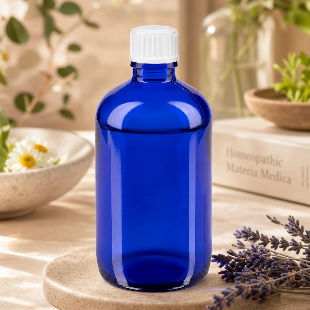 Blauwe glazen flessen 100ml met wit schroefsluiting St Kobaltblauwe medicijnfles van 100 ml, glas, met witte kindveilige dop van 11 mm