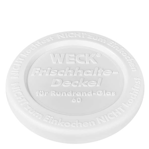 Sapfles van 290 ml met vershouddeksel WECK RR60 WECK vershouddeksel wit RR60 voor 340 ml cilinderpot Deksel close-up met logo en letters in reliëf